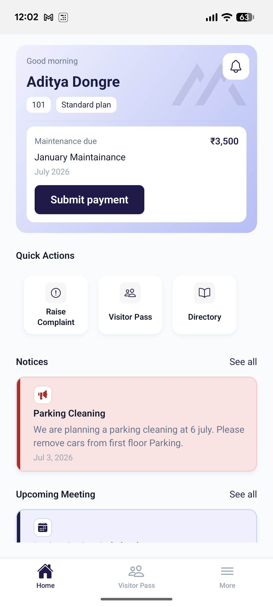 SmartAawas resident home screen with maintenance, quick actions, and notices