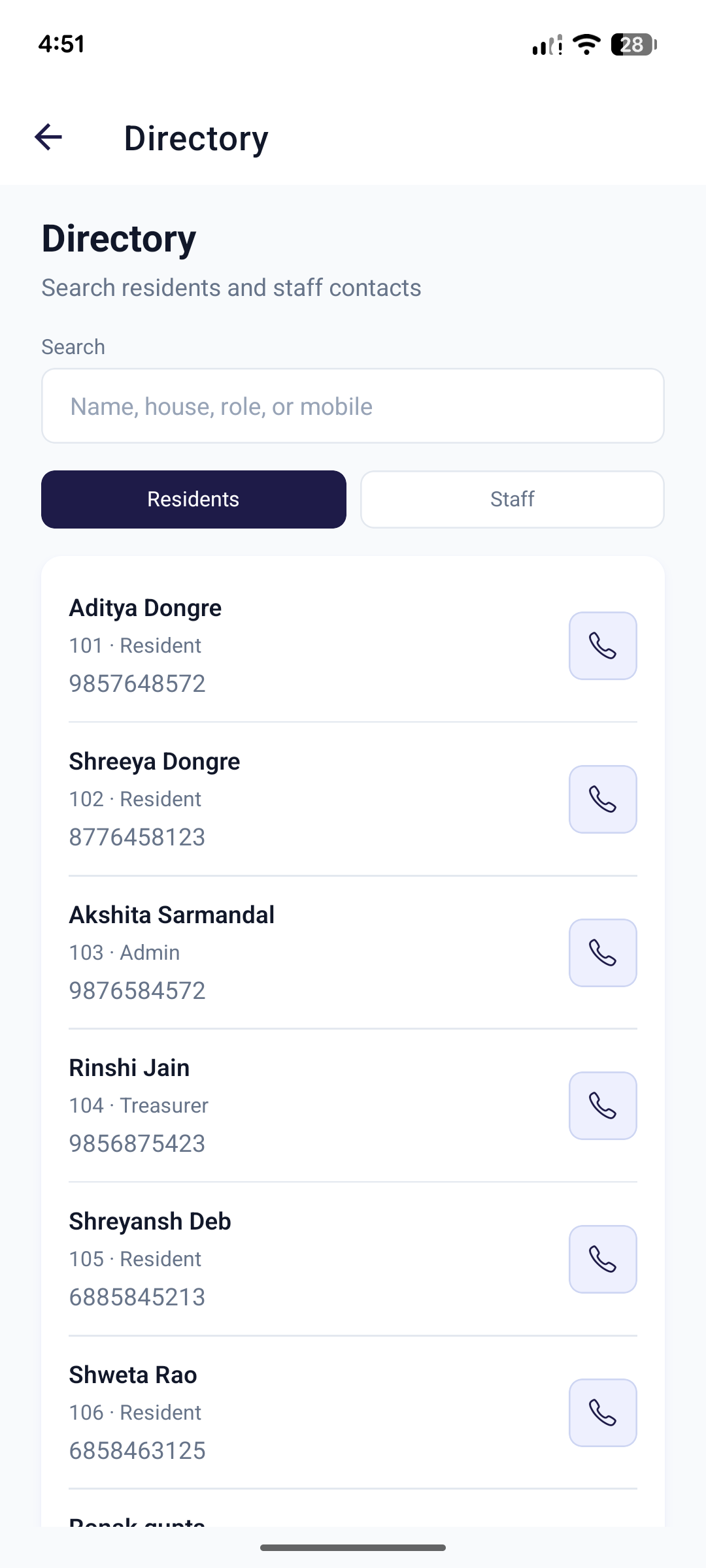 SmartAawas member directory with resident search and contact details