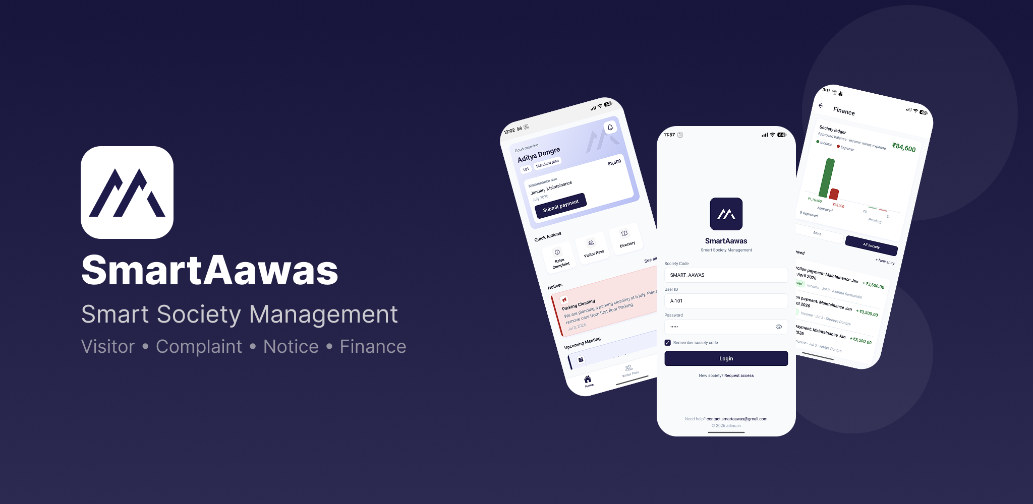 SmartAawas — Smart Society Management. Visitor, complaint, notice, and finance features for housing societies.